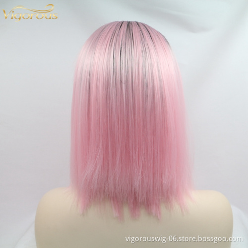 Straight Bob Ombre Lovely Pink Wig Synthetic Black Color Wig Short Pixie Cut Lace Front Wig Women 16 Inch Middle Part